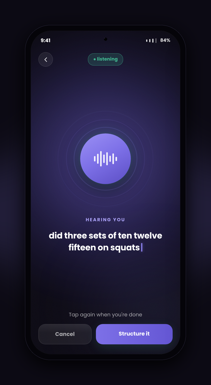 VoxFit voice capture screen, listening and structuring a workout