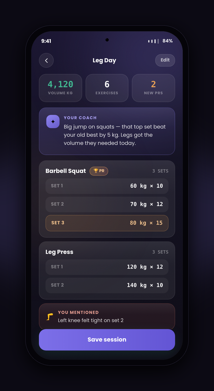 VoxFit AI coach note on a session result