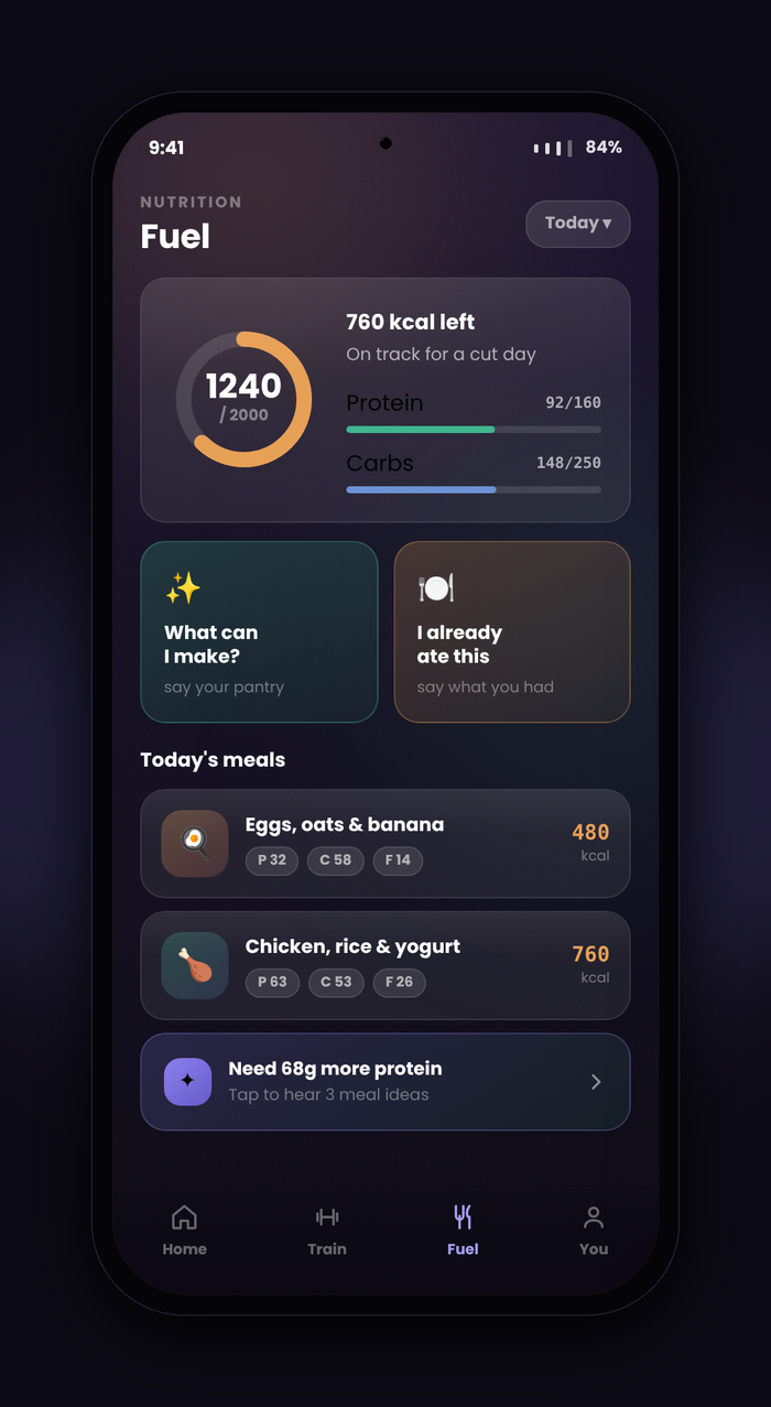 VoxFit Fuel screen with two voice logging modes