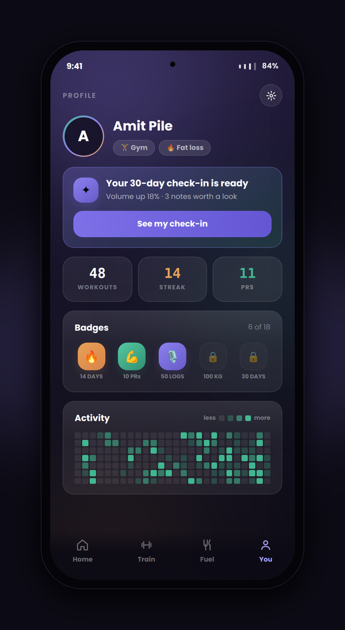 VoxFit profile with streaks, badges and activity heatmap