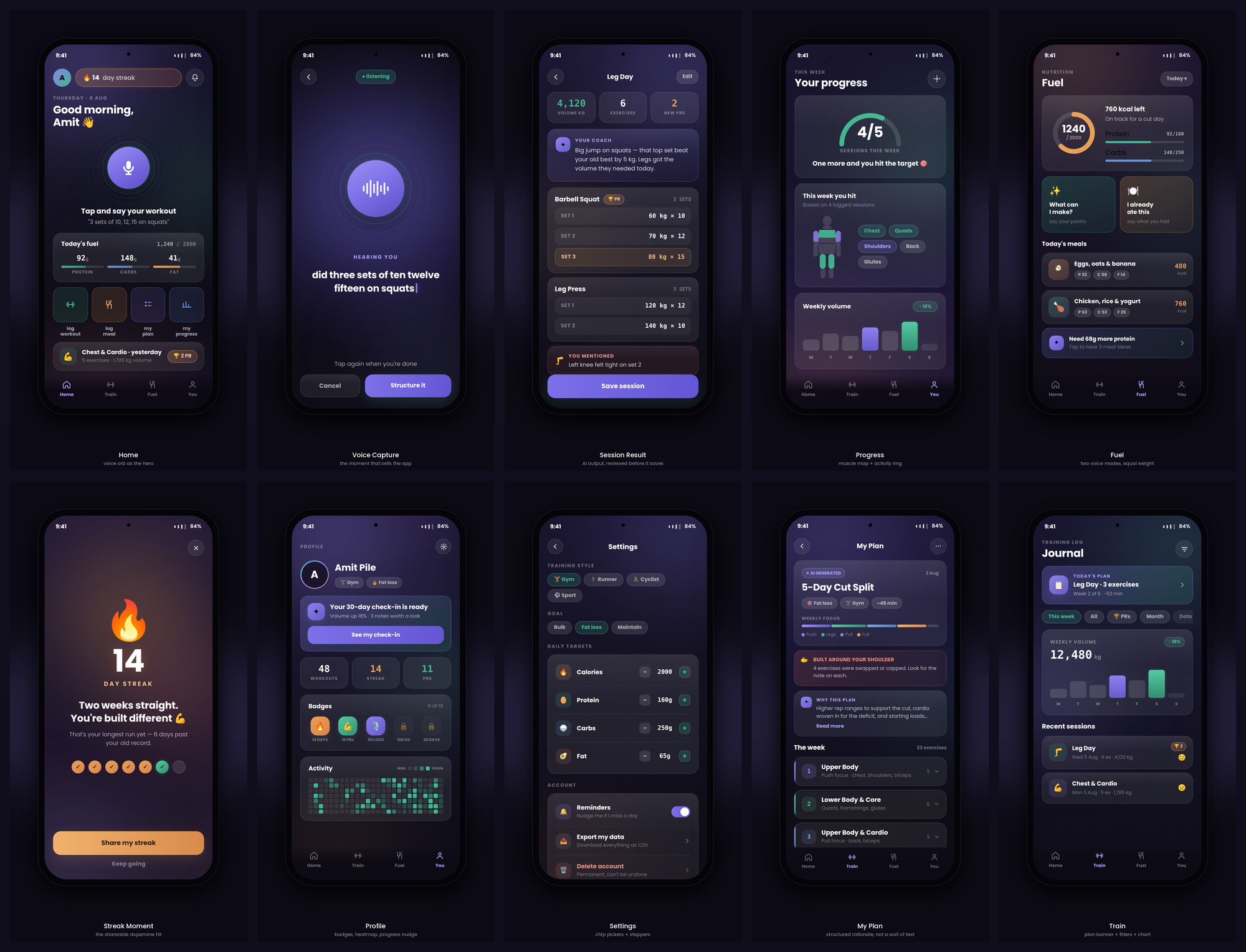 VoxFit shown across Home, Voice Capture, My Plan, and Fuel screens